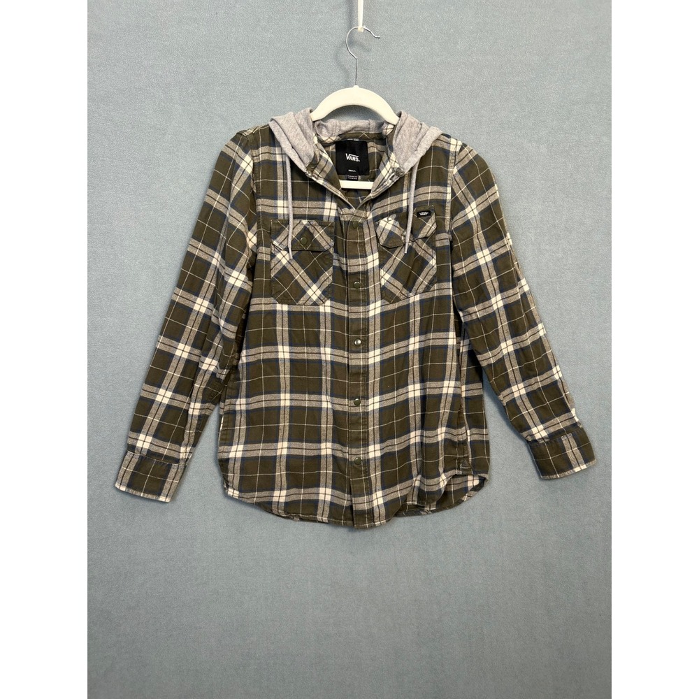 Vans Mens Small Hooded Flannel Shirt Olive Green Plaid Snap Button Classic Fit